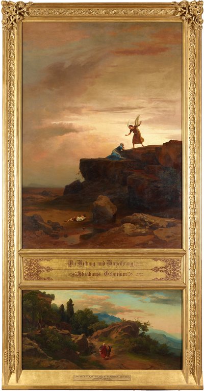 Pelastus ja lupaus (ylhäällä). Aabrahamin ja Iisakin matka uhrauspaikalle (alhaalla). Teoskuvasta ”Kaksitoista raamatullista maisemaa Aabrahamin tarinasta” tekijältä Johann Wilhelm Schirmer