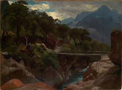 Sveitsiläinen vuoristojoki ja kävelysilta tekijältä Johann Wilhelm Schirmer