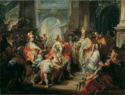 Pyhä Ambroseus kieltää keisari Theodosiuksen pääsyn Milanon katedraaliin tekijältä Johann Wolfgang Baumgartner