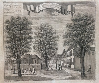 Portugalilainen kirkko sekä kiinalaiset ja eurooppalaiset talot kadulla Bataviassa, sarjasta Batavian näkemyksiä "Schau-platz von Africa und Ost-Indien", joka julkaistiin Nürnbergissä vuonna 1744 tekijältä Johann Wolfgang Heydt