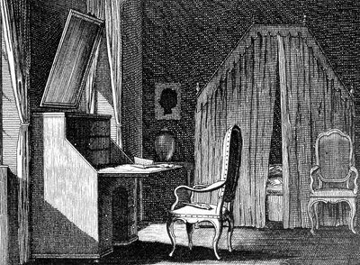Wertherin huone, Daniel Chodowieckin (1726-1801) kuvitus, Johann Wolfgang von Goethen (1749-1832) Nuoren Wertherin murheista inspiroima kaiverrus tekijältä Johann Wolfgang von Goethe