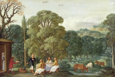 Abraham viihdyttää kolmea enkeliä (öljy kuparille) tekijältä Johann or Hans Konig