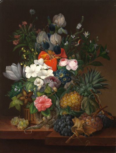 Asetelma liskon ja kukkien kanssa - Johanna (Jenny) Salm-Reifferscheidt (s. Comtesse Pachtova) (1780-1857). öljy kankaalle tekijältä Johanna Salm-Reifferscheidt