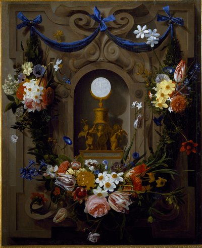 Eukaristia kukkaseppeleessä (öljy kankaalle tekijältä Johannes Antonius van der Baren