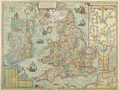 Vuonna 1606 piirretty Englannin ja Irlannin kartta (värillinen kaiverrus) tekijältä Johannes Baptista Vrints