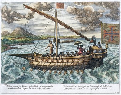 Fusta, kuvitus teoksesta "Jan Huyghen van Linschoten, Hänen keskustelunsa matkoista Itä- ja Länsi-Intiaan", 1579-92 tekijältä Johannes Baptista van Doetechum the Younger