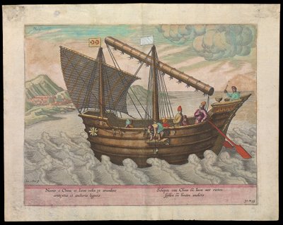 Naves et China et Java (Kiinan ja Jaavan purjelaiva, 1599), 1600-luvun alku (kaiverrus, värillinen). tekijältä Johannes Baptista van the Younger Doetechum
