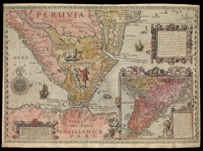 Perun eteläkärki, Etelä-Amerikka, noin 1590 (käsin väritetty). tekijältä Johannes Baptista van the Younger Doetechum