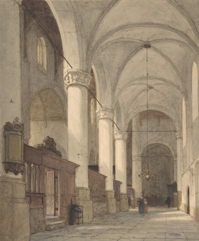 Kirkon holvikaarinen sivukäytävä hahmoineen, 1800-luku. tekijältä Johannes Bosboom