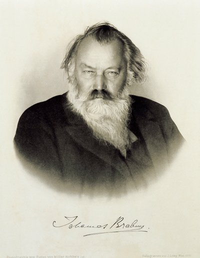 Saksa, kaiverrettu muotokuva saksalaisesta säveltäjästä, pianistista ja kapellimestari Johannes Brahmsista tekijältä Johannes Brahms