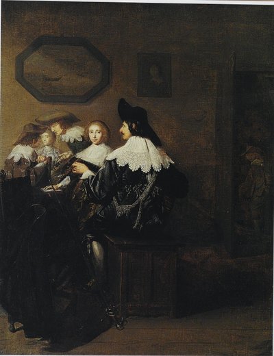 Pöydän ääressä istuva, luuttua soittava mies seuranaan tekijältä Johannes Cornelisz Verspronck