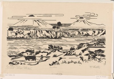 Maisema, Keski-Jaava: Merbaboe, Merapi, Ello-joki (alkuperäinen nimi esineessä) tekijältä Johannes Frederik Engelbert ten Klooster (signed by artist)