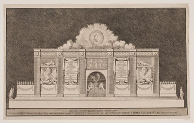 "Valaisujen julkisivukoristeen, jonka Banqven Kiøbenhavnissa pörssissä on pystyttänyt Hänen Majesteettinsa kuningas Friedrich V Liigin kulkueen kunniaksi" tekijältä Johannes Gottfred Bradt