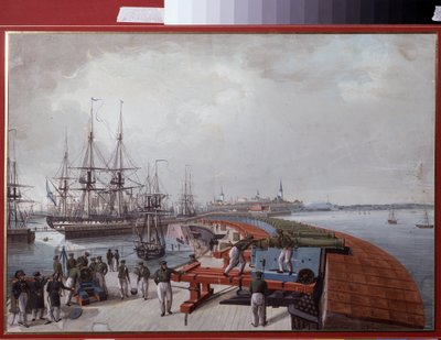 Näkymä Revaliin (nykyinen Tallinna (Tallinna), Virossa), satama ja Venäjän rannikon tykistö (Revalin näkymä, satama ja Venäjän rannikon tykistö). Johannes Haun (1771-1838) teos, akvarelli paperille tekijältä Johannes Hau