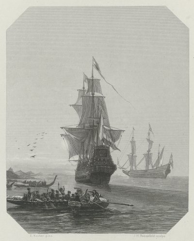 Abel Tasmanin saapuminen Uuteen-Seelantiin, 1642-1643, noin 1865 tekijältä Johannes Heinrich Maria Hubert Rennefeld