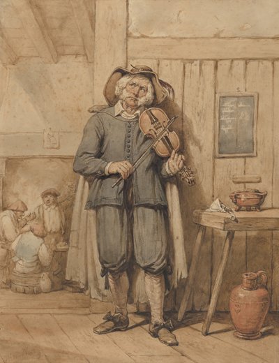 Viulunsoittaja tavernassa, taustalla kolme miestä, 1800-luvun puoliväli. tekijältä Johannes Hendrik van West