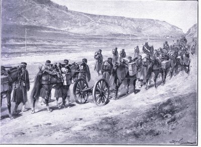 Kenttäasepatteri matkalla Ichoniin, kuvitus Cassellsin Venäjän ja Japanin sodan historiasta, osa 1, n. 1900 tekijältä Johannes Hermann Barend Koekkoek