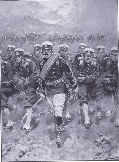 Japanilaisen jalkaväen panos, kuvitus Cassellsin Venäjän ja Japanin sodan historiasta, osa 1, n. 1900 tekijältä Johannes Hermann Barend Koekkoek