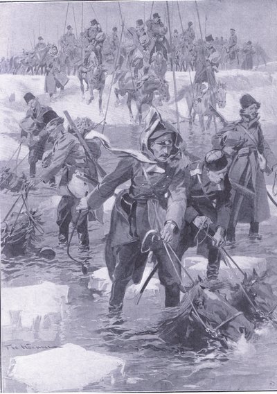 Hevosmiestaidon saavutus. Venäläinen ratsuväki ylittämässä jokea, kuva Cassellsista Venäjän ja Japanin sodan historia, osa 1, n. 1900 tekijältä Johannes Hermann Barend Koekkoek