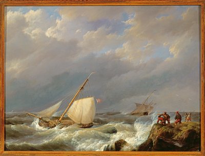 Alukset Leen rannalla tuulen räjähdyksessä, 1844 tekijältä Johannes Hermann Barend Koekkoek