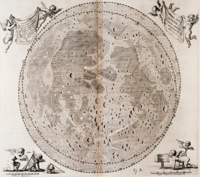 Ensimmäinen yksityiskohtainen Kuukartta, jonka Johann Hevelius piirsi vuonna 1647, vedos Johann Heveliuksen (1611-1687) taivaankartaasta Selenographia sive Lunae descriptio, Gdansk tekijältä Johannes Hevelius