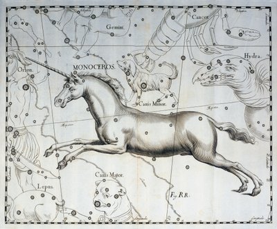 Monoceros, yksisarvisen tähdistö, kaiverrus Firmamentum Sobiescianum sive Uronographiasta taivaallisesta atlasista, Johann Hevelius (1611-1687), Gdansk tekijältä Johannes Hevelius