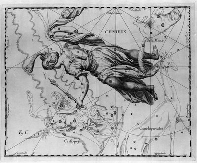 Kefeuksen (tai Cefeen), Etiopian kuninkaan tähdistö. Levy piirretty Johannes Heveliuksen tai Hevelin (1611-1687) "" Firmamentum Sobiescanum sive Uranographia -kirjasta" tekijältä Johannes Hevelius