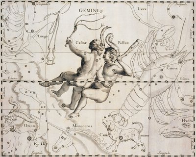 Kaksosten tähtikuvio, kuvitus Firmamentum Sobiescianum sive Uranographiasta, kirjoittanut Johann Hevelius (1611-1687), Gdansk 1690 tekijältä Johannes Hevelius