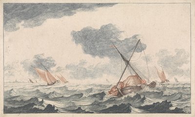 Purjeen silittäminen Ships at Sea (sarja A) (sarjan nimi) tekijältä Johannes Jacobsz van den Aveele (attributed to)