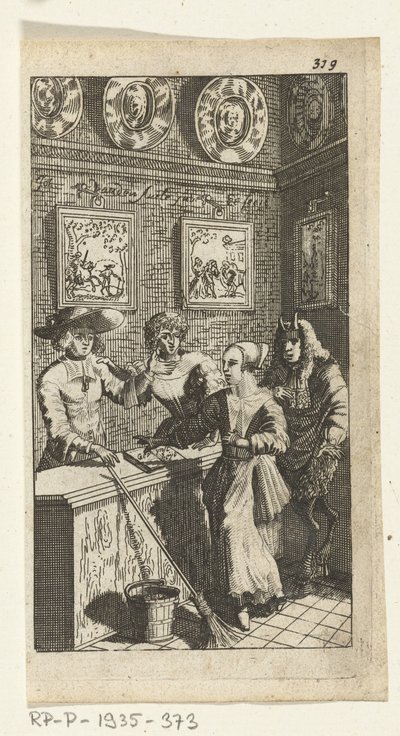 Teeskennelty paholainen Kirjakuvitus Simon de Vriesille, seitsemälle Duyvelenille, joka hallitsee ja palvelee Hedendaeghsche Dienstmaegdeniä, Amsterdam, 1682 tekijältä Johannes Jacobsz van den Aveele