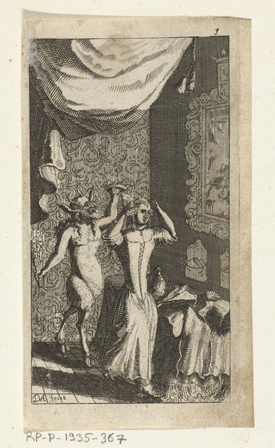 Ylpeä paholainen Kirjakuvitus Simon de Vriesille, seitsemälle Duyvelenille, joka hallitsee ja palvelee Hedendaeghsche Dienstmaegdeniä, Amsterdam, 1682 tekijältä Johannes Jacobsz van den Aveele