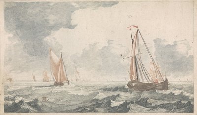 Kaksi tasapohjaista venettä purjehtimassa toisiaan kohti Ships at Sea (sarja A) (sarjan nimi) tekijältä Johannes Jacobsz van den Aveele