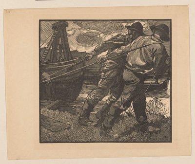 Työntekijät köysien kanssa rannalla tekijältä Johannes Josephus Aarts