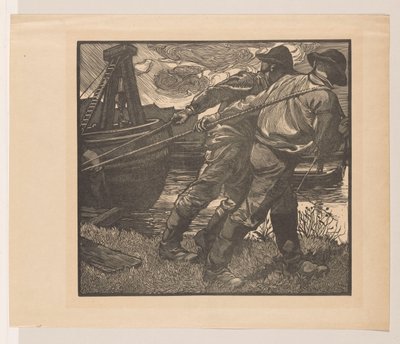 Työntekijöitä köysien kanssa rannalla tekijältä Johannes Josephus Aarts