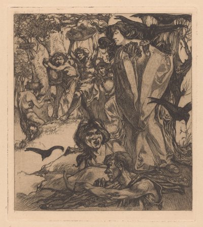 Metsäinen maisema ihmisiä, varisia ja satyyriä tekijältä Johannes Josephus Aarts