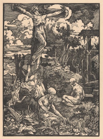 Ristiinnaulittu mies mäkisessä maisemassa tekijältä Johannes Josephus Aarts
