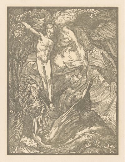 Perseus ja merihirviö Perseus ja lohikäärme, tulosta hollantilaiselle paperille tekijältä Johannes Josephus Aarts