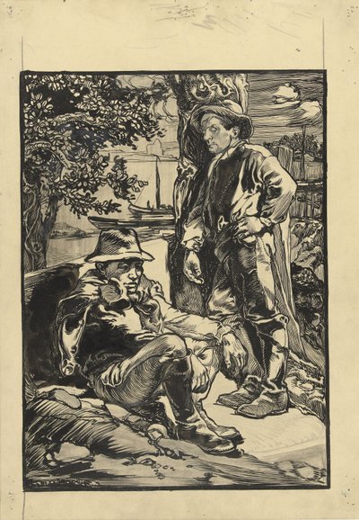Kaksi padon työntekijää, toinen istuu, toinen nojaa puuta vasten tekijältä Johannes Josephus Aarts