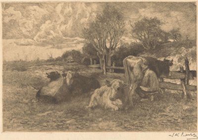 Maisema lehmien kanssa tekijältä Johannes Karel Leurs (signed by artist)