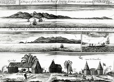 A Prospect of the Road in the Bay of Sierra Liona, esimerkki osasta 5 Awnsham ja John Churchillin teoksesta "A Collection of Voyages and Travels", julkaistu vuonna 1732 tekijältä Johannes Kip