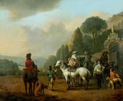 Haukkamiesten puolue linnan porttien ulkopuolella (öljy kankaalle) tekijältä Johannes Lingelbach