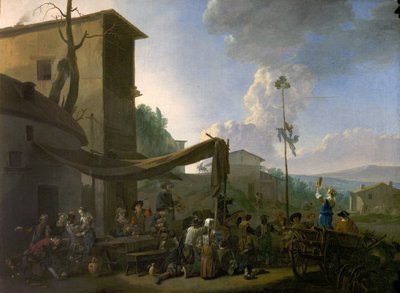 Kyläjuhla, talonpoikien iloitseminen majatalon ulkopuolella, 1650-luvun alku tekijältä Johannes Lingelbach