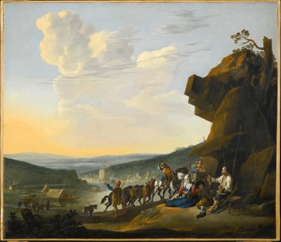 Saksa: Südliche Landschaft mit Fähre Eteläinen maisema, josta avautuu näkymä lahdelle ja jossa matkalaiset lepäävät. tekijältä Johannes Lingelbach