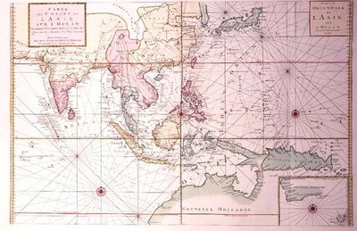 Rannikkokartta Luoteis-Intiasta Pohjois-Australiaan Japanin ja Filippiinien kautta, n. 1700 (värinen kaiverrus) tekijältä Johannes and Mortier Cornelis Covens