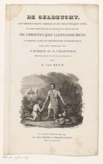 Kaksi miestä arkku täynnä arvoesineitä Nimisivu: G. van Reyn, Rahanhimo, kristillisen kirkon hallitseva vika, 1838 tekijältä Johannes Philippus Lange