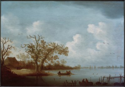 Hollantilainen jokimaisema, jossa on maalaistaloja ja kalastusveneitä tekijältä Johannes Pietersz. Schoeff