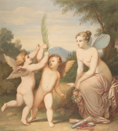Eros ja Anteros psyyken kanssa katsomassa heitä, 1810-60. tekijältä Johannes Riepenhausen