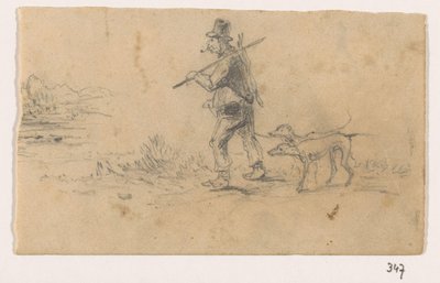 Hunter koirien kanssa ja jänis selässään tekijältä Johannes Tavenraat (signed by artist)