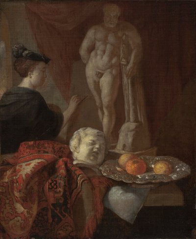 Asetelma ja nainen maalaustelineessä, 1600-luvun loppu tekijältä Johannes Voorhout