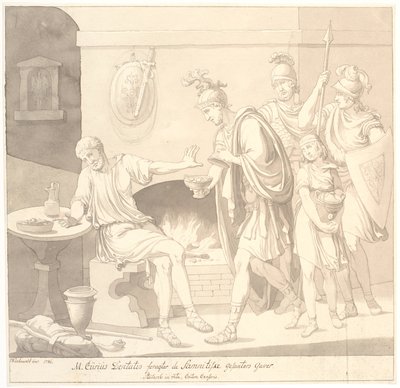 "M. Curius Dantatus foragter de Samnitiske Gesanters Gaver. / Plutach: in vita. Cato sensuuri." tekijältä Johannes Wiedewelt